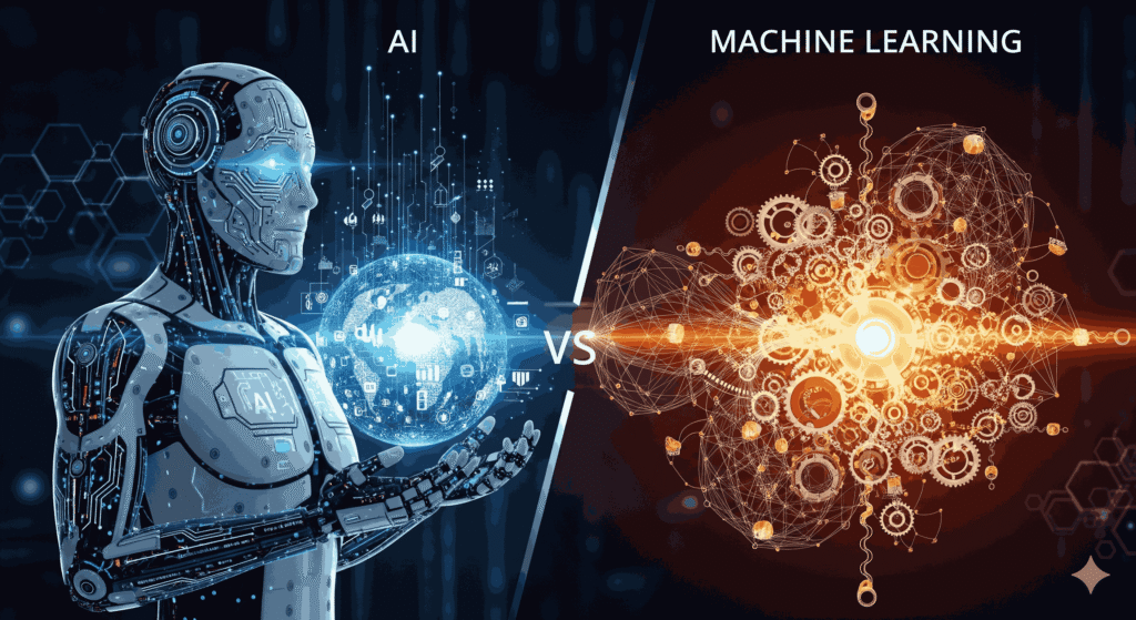 AI vs Machine Learning infographic explaining key differences